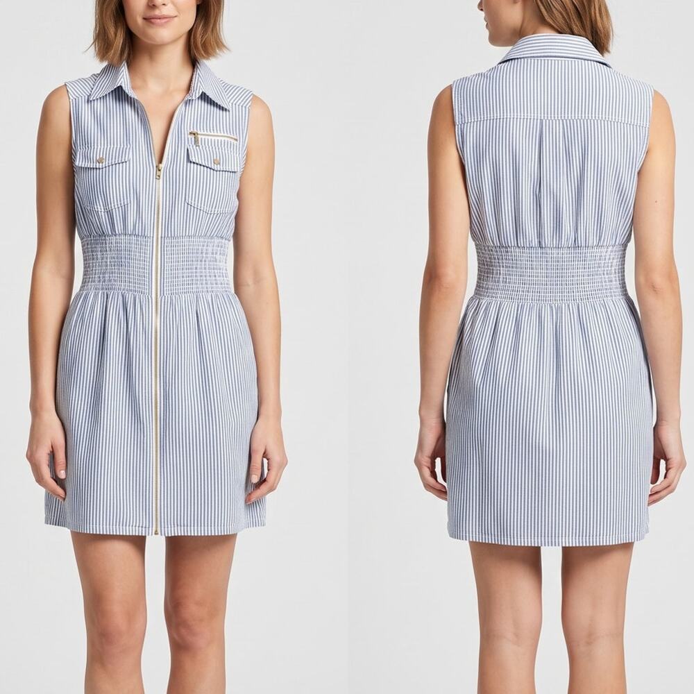 J Glee Blue White Pinstriped Ruched Sleeveless Chambray Dress Size PL Petite